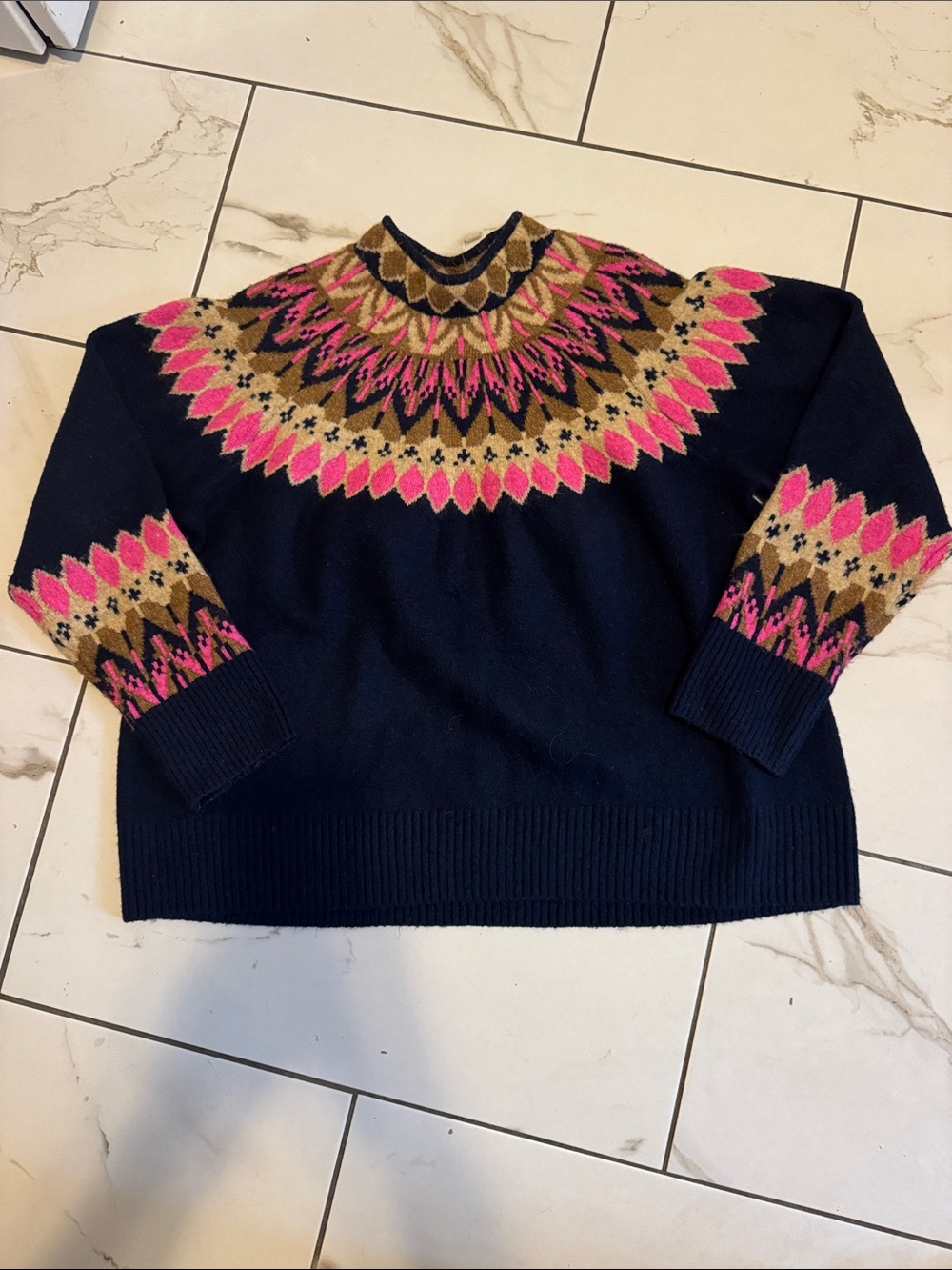 CeCe Navy Crewneck Sweater with Pink and Tan Fair Isle Yoke